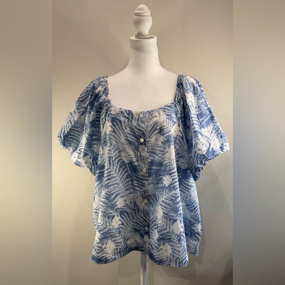 Caslon Blue and White Floral Off the Shoulder Blouse